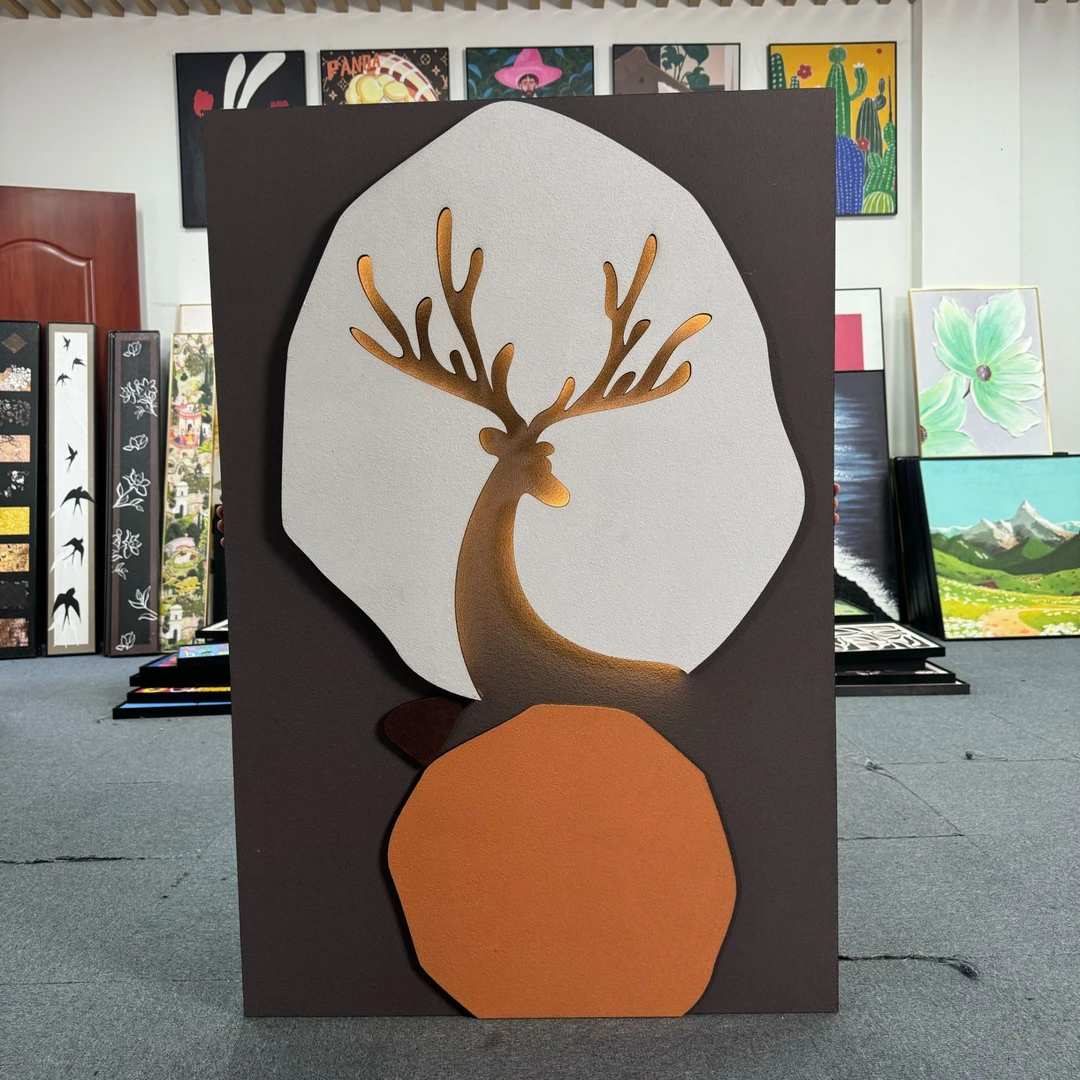 中古风客厅装饰画小鹿沙发背景墙挂画中古高级感砂岩玄关灯画