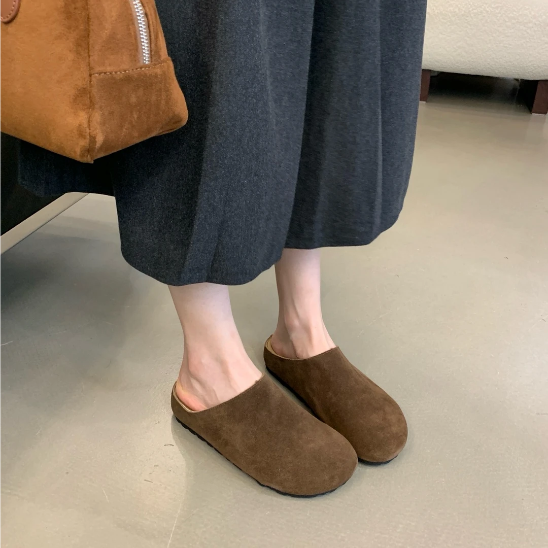秋冬新款版型正超舒服真皮包头勃肯鞋厚底懒人一脚蹬半拖鞋