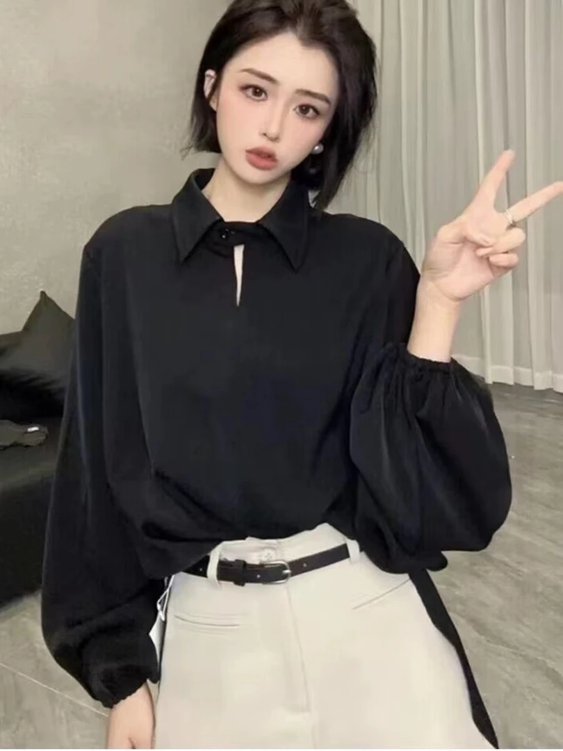 设计感翻领长袖衬衣2024春秋新款时尚百搭洋气宽松减龄遮肉上衣