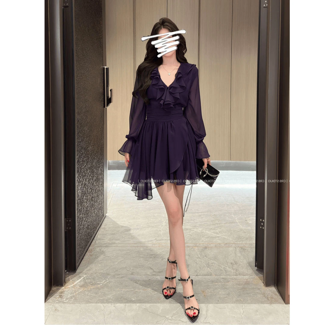 法式紫色短款长袖气质高级甜美夏季很有韵味收腰显白氛围感连衣裙