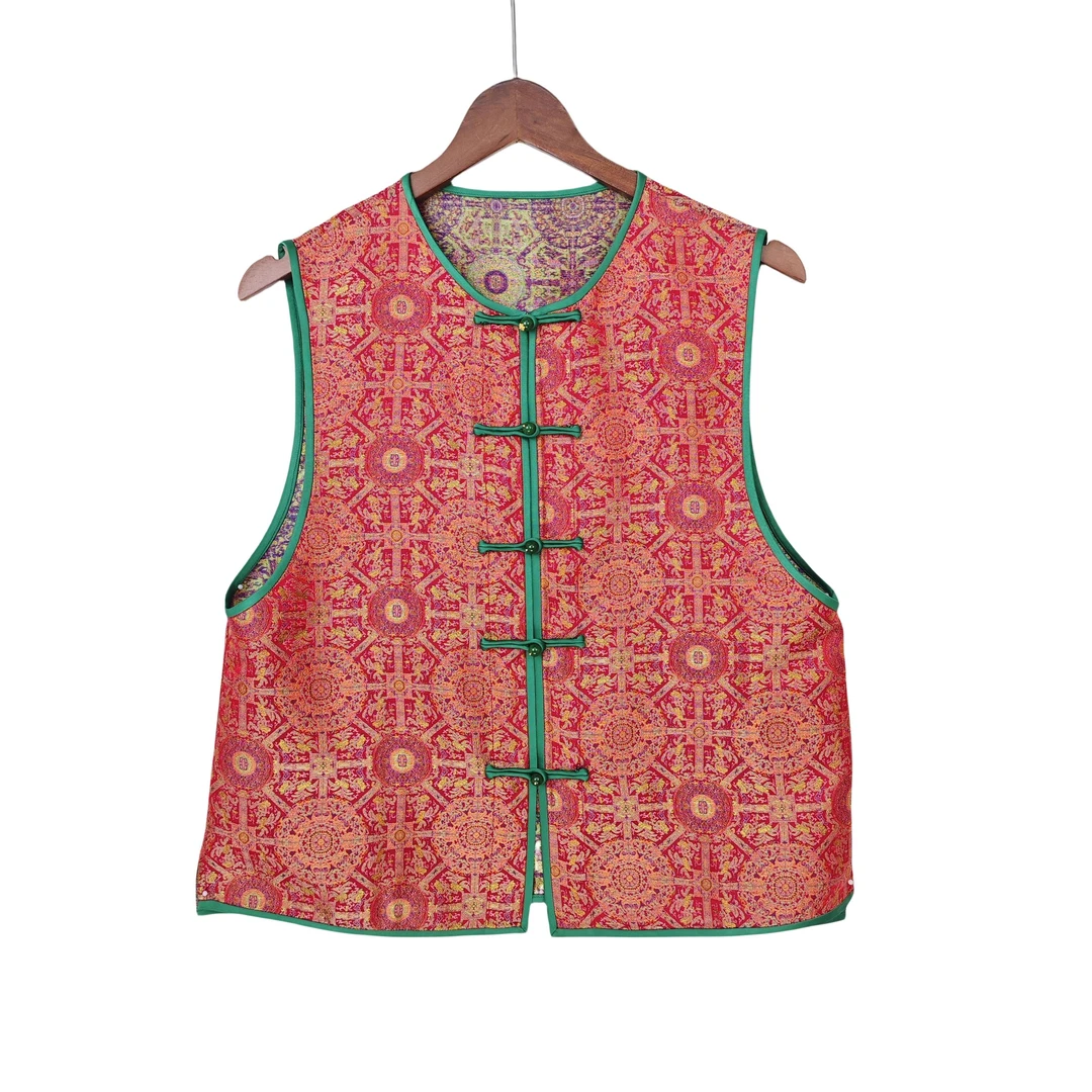 【成蹊】桑蚕丝宋锦马夹中国风新中式复古圆领直襟马夹女2412507