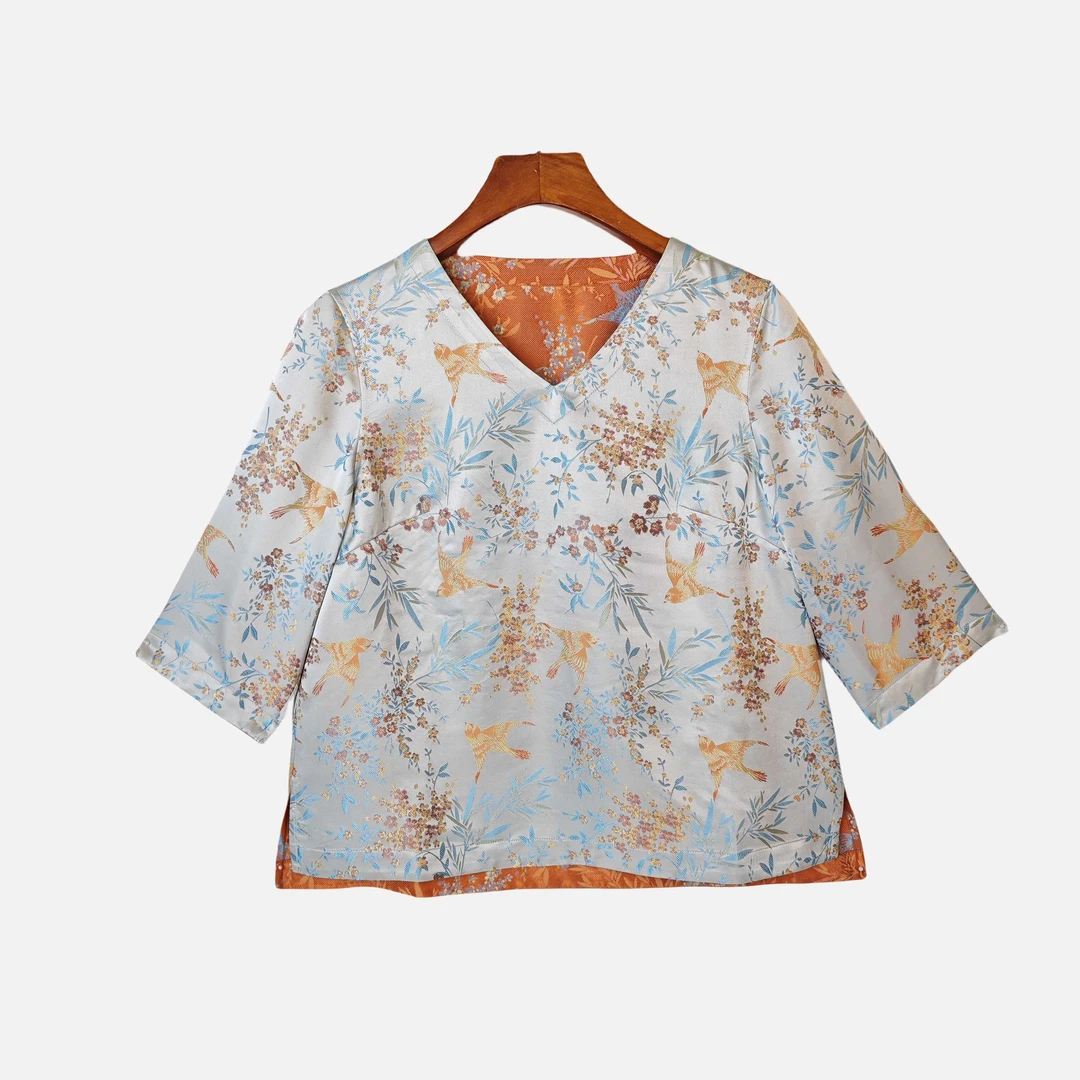 【冉竹】桑蚕丝宋锦中国风新中式显气质V领复古圆领直襟上衣K24045