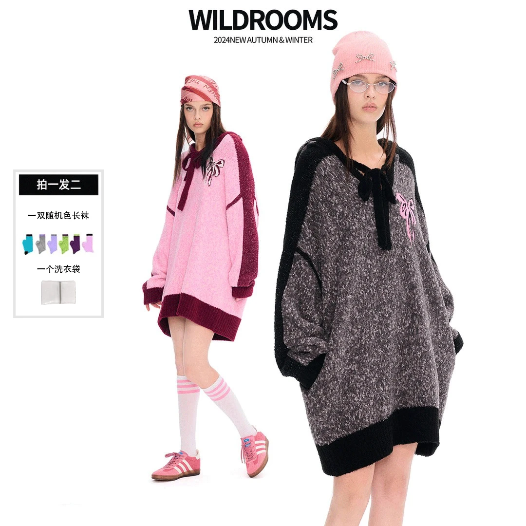 WildRooms宽松卫衣家居裙中长款秋冬甜美风连帽时尚蝴蝶结