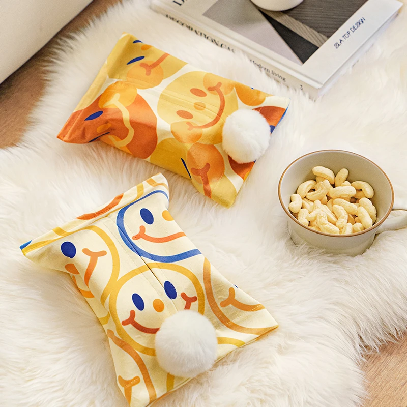 笑脸车载纸巾盒抽纸盒可爱玩偶ins风办公室客厅餐桌茶几纸巾收纳