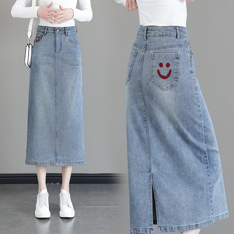 浅蓝色牛仔裙女长款高腰笑脸时尚开叉包臀裙春季新款中长款半身裙