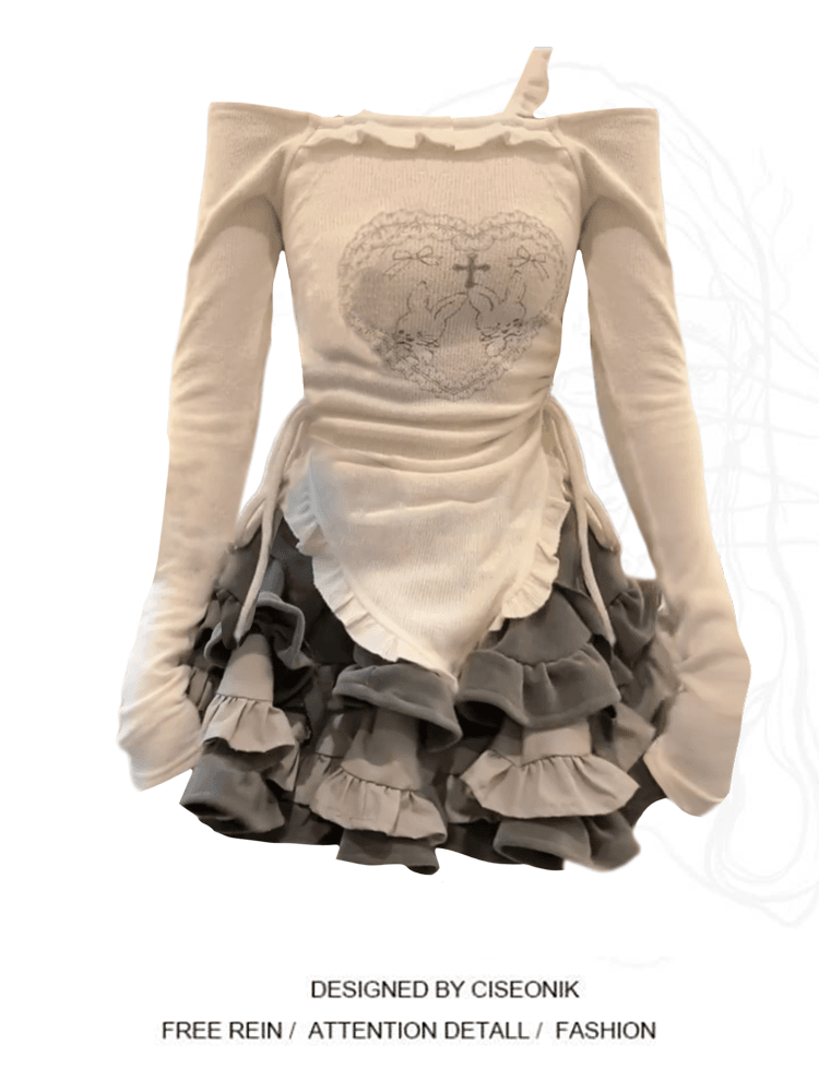 【小扬哥甄选】大码胖妹妹甜辣妹印花不规则下摆长袖露肩上衣女早