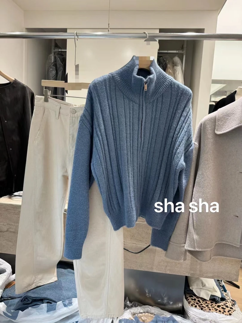 SHASHA   东大门蓝色双向拉链毛衣