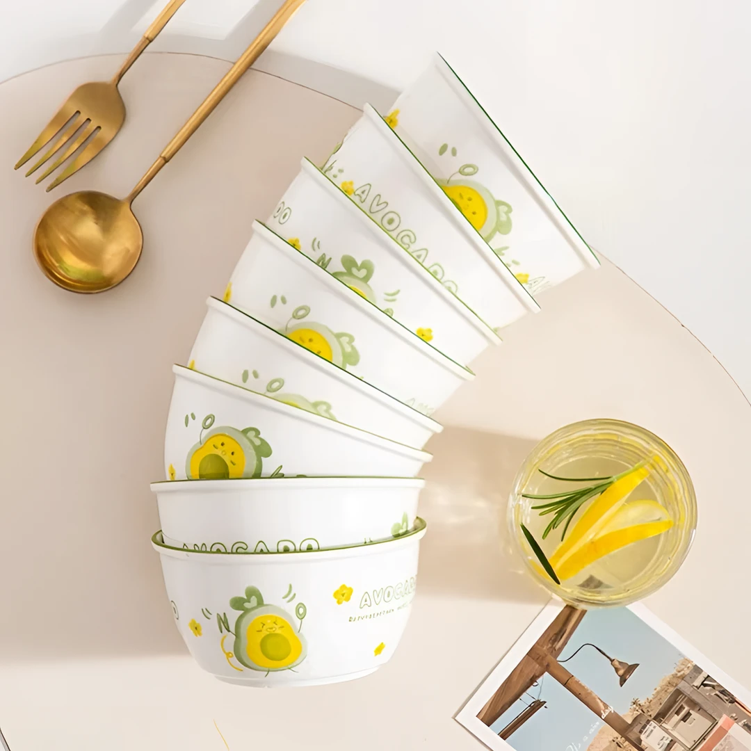 鑫匠陶卡通牛油果陶瓷饭碗6个宝宝米饭碗耐高温家用日式可爱汤碗