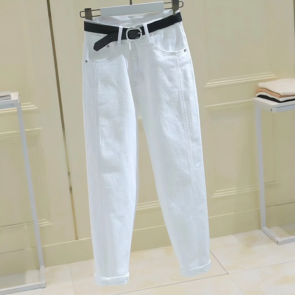 白色牛仔裤女2025春夏新款宽松高腰显瘦百搭休闲九分哈伦老爹裤子