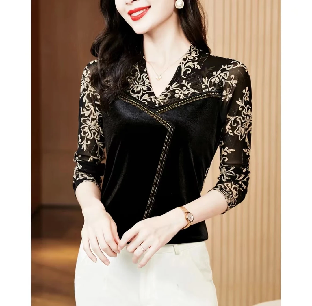 2024秋款新款时尚洋气显瘦拼接微胖妈妈装长袖打底衫828#