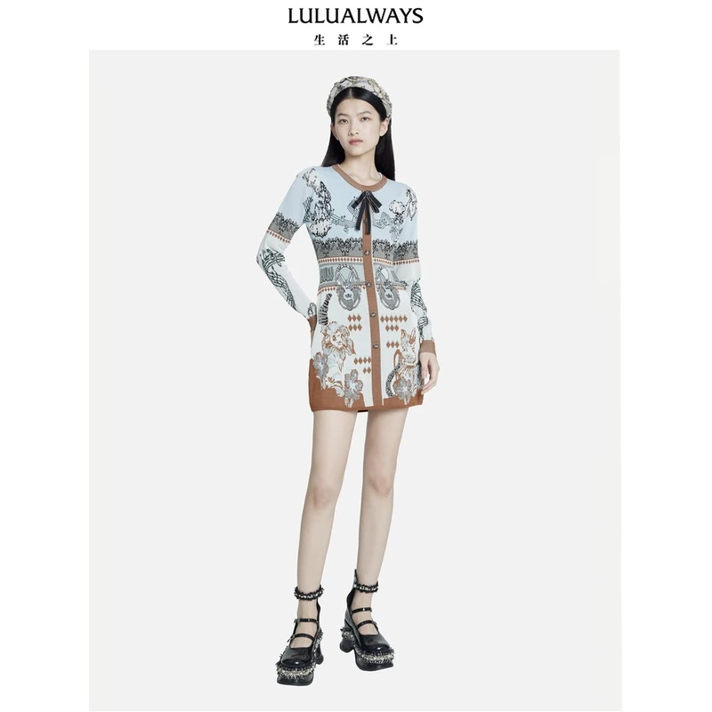 LULUALWAYS23秋季新款优雅别致显瘦蝴蝶结短款气质连衣裙OOC0001
