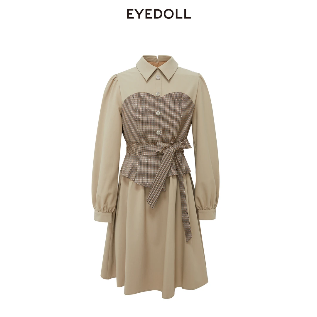 EYEDOLL【商场同款】24春季新款简约通勤拼接衬衫裙中款连衣裙女