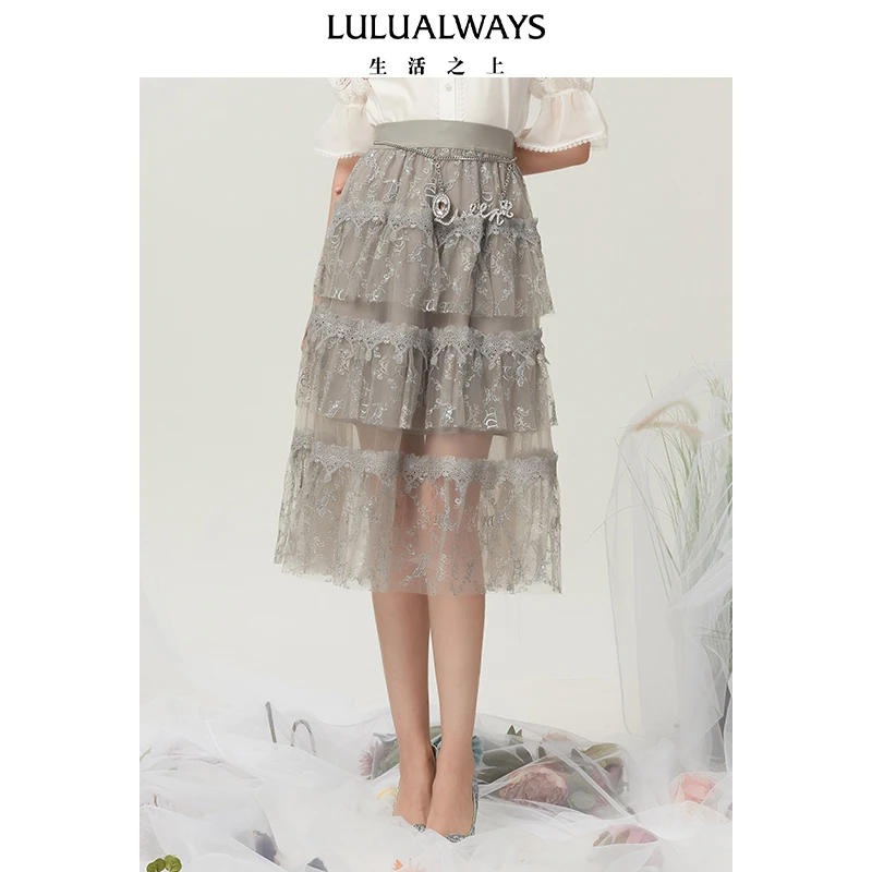 LULUALWAYS 春季钩花蕾丝蛋糕裙LNA4027