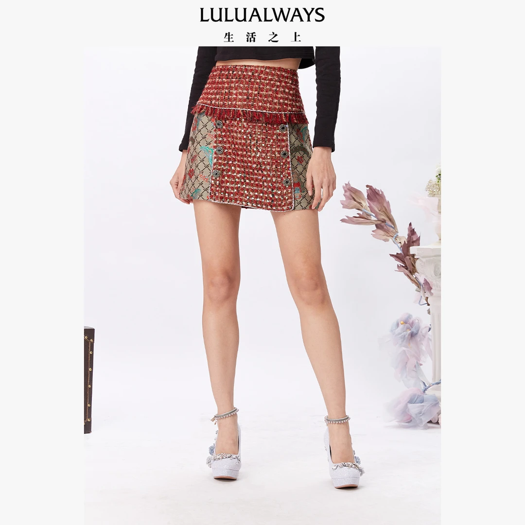 LULUALWAYS复古拼接小香风提花短半裙珠片流苏包臀裙