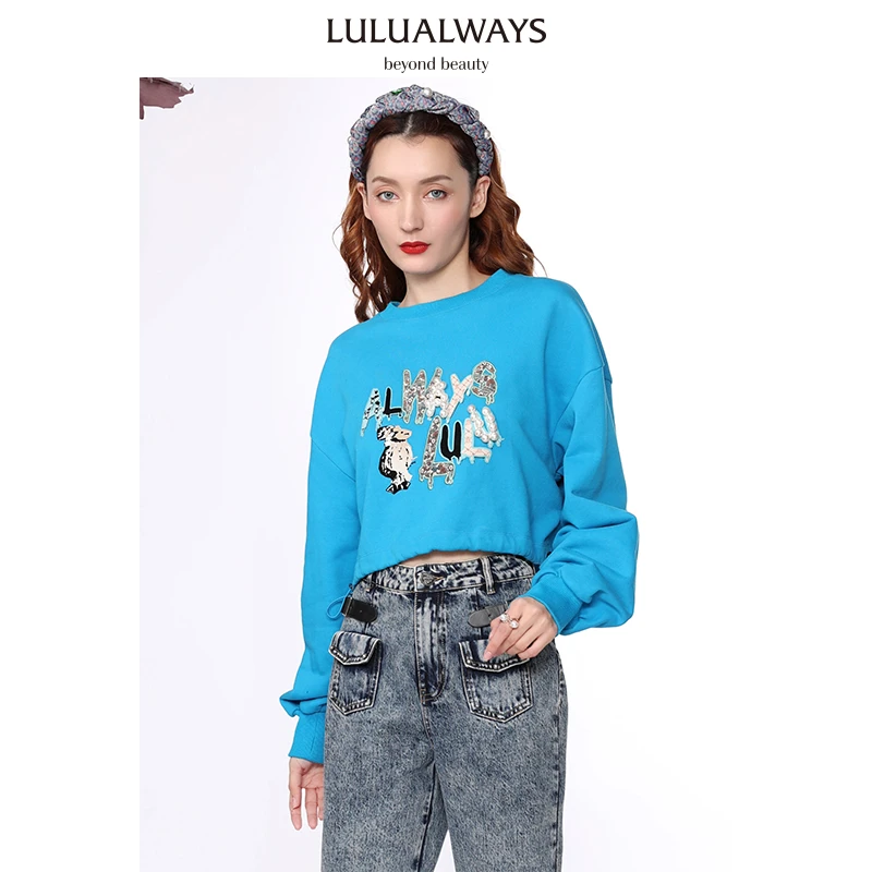 LULUALWAYS 春季时尚印花宽松钉珠拼接短款卫衣LNA2086