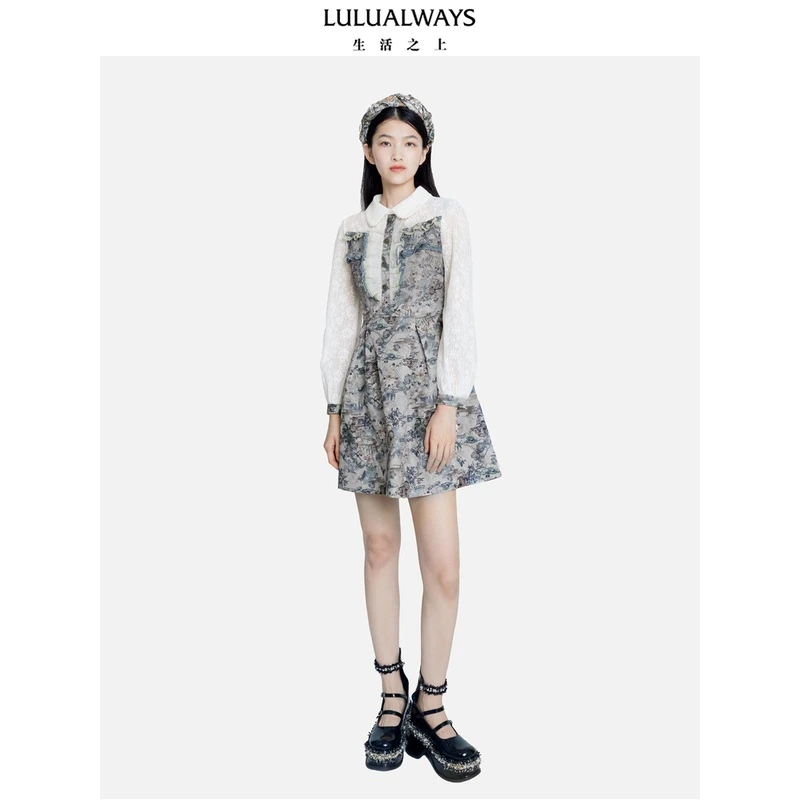 LULUALWAYS23秋季新款清新甜美高腰长袖蕾丝拼接连衣裙OOC5003