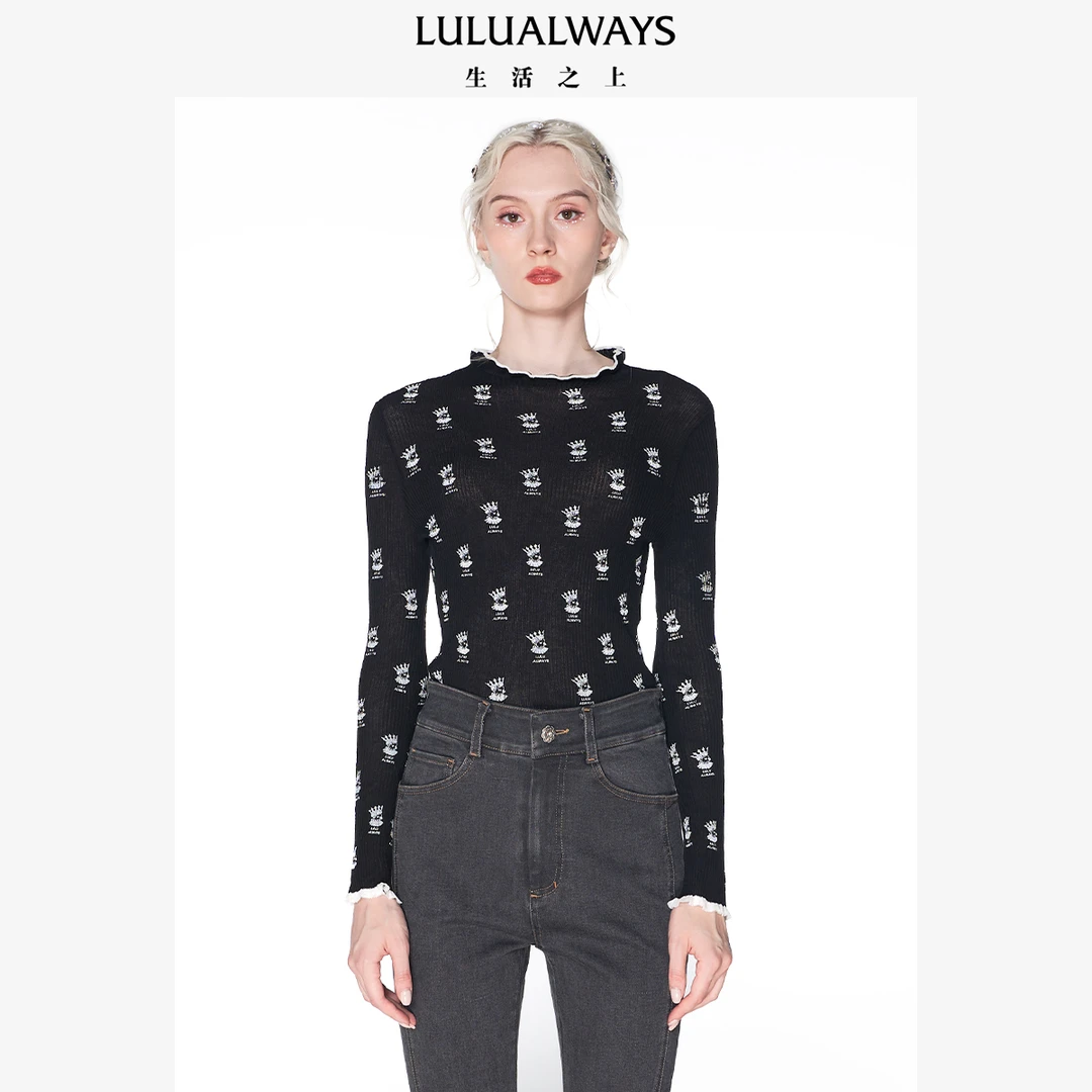 LULUALWAYS复古印花网纱打底衫女通勤百搭修身秋款上衣LNC0010