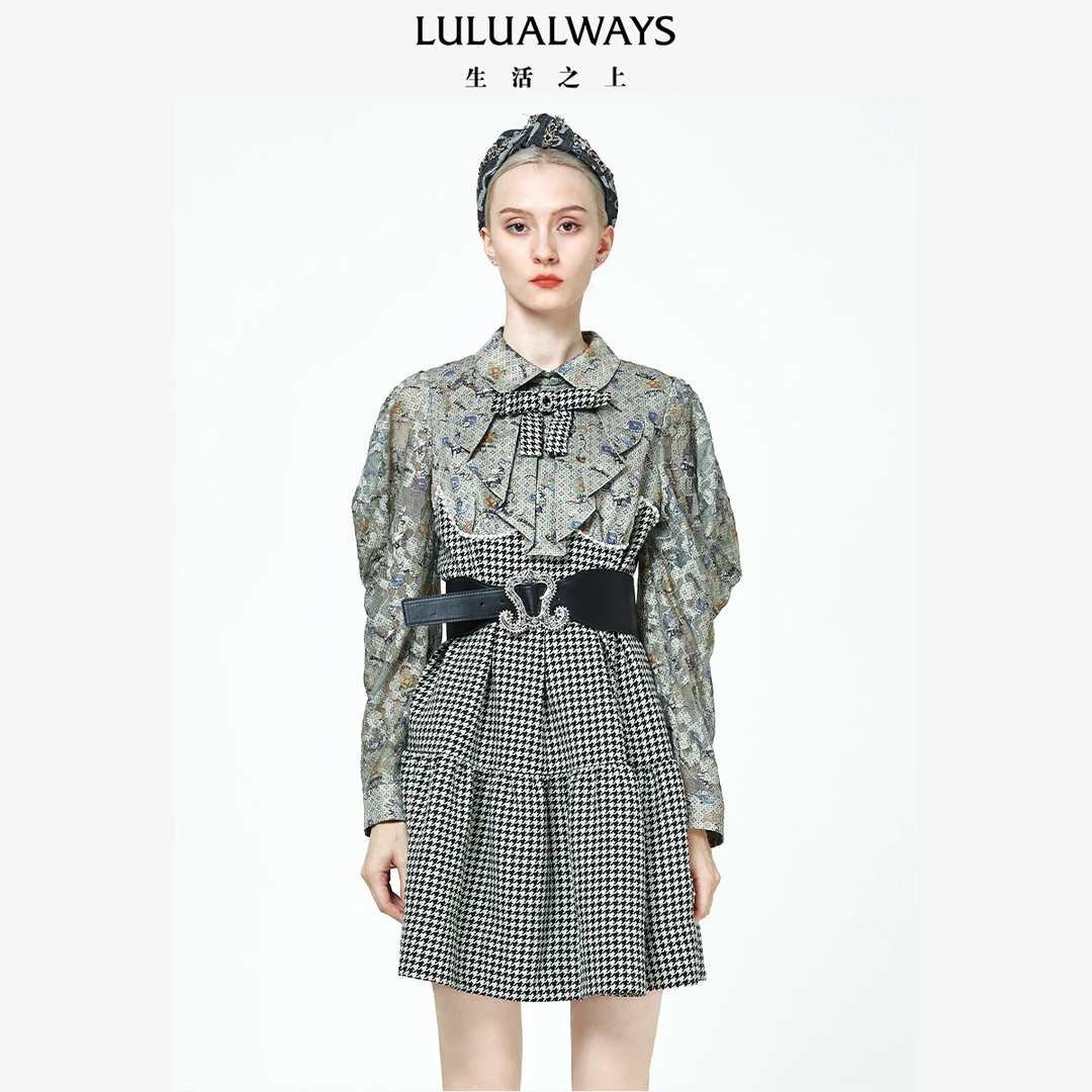 LULUALWAYS印花千鸟格收腰连衣裙显瘦长袖LNC526K