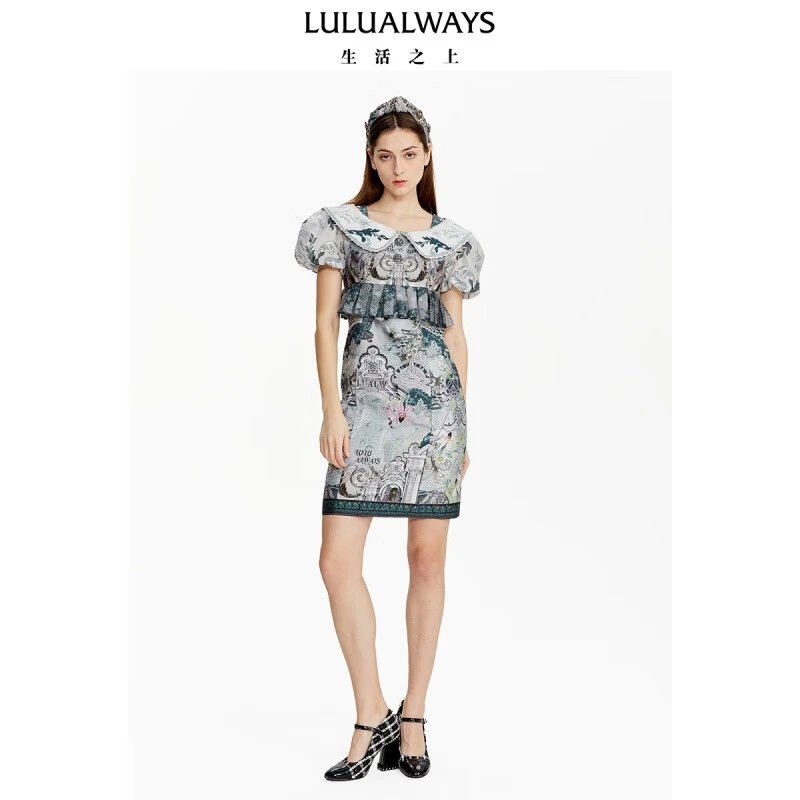 LULUALWAYS夏季新款时尚休闲花苞袖褶皱设计优雅短裙LOB5058