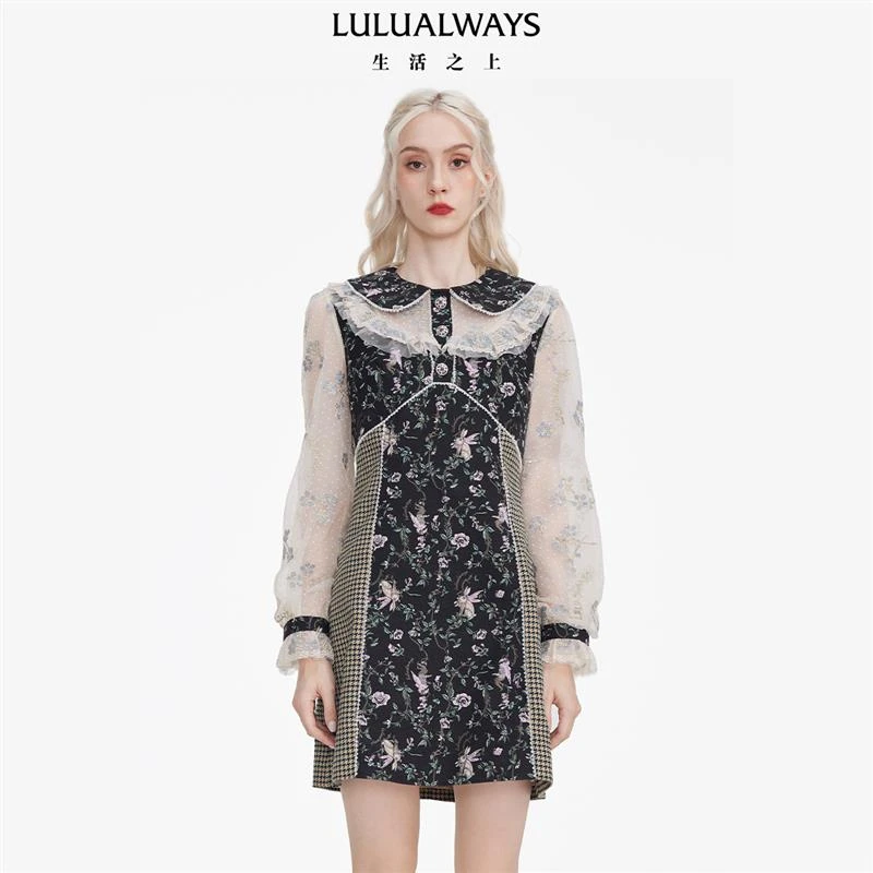 LULUALWAYS 新款蓝色印花拼接蕾丝网纱材质女装连衣裙  LNC5051