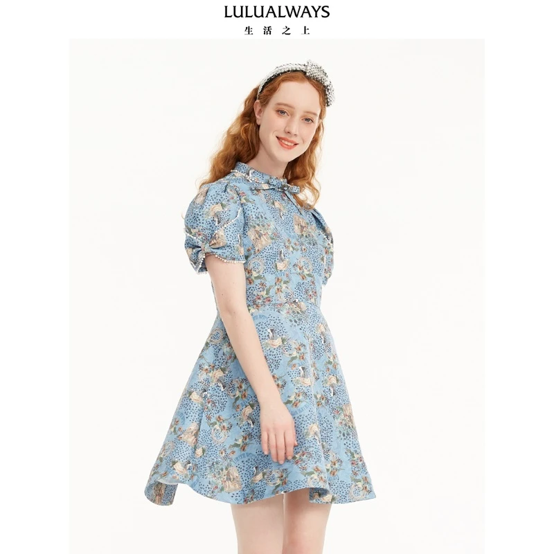 lulualways23夏季新款时尚复古优雅蝴蝶结短款连衣裙OOB5028