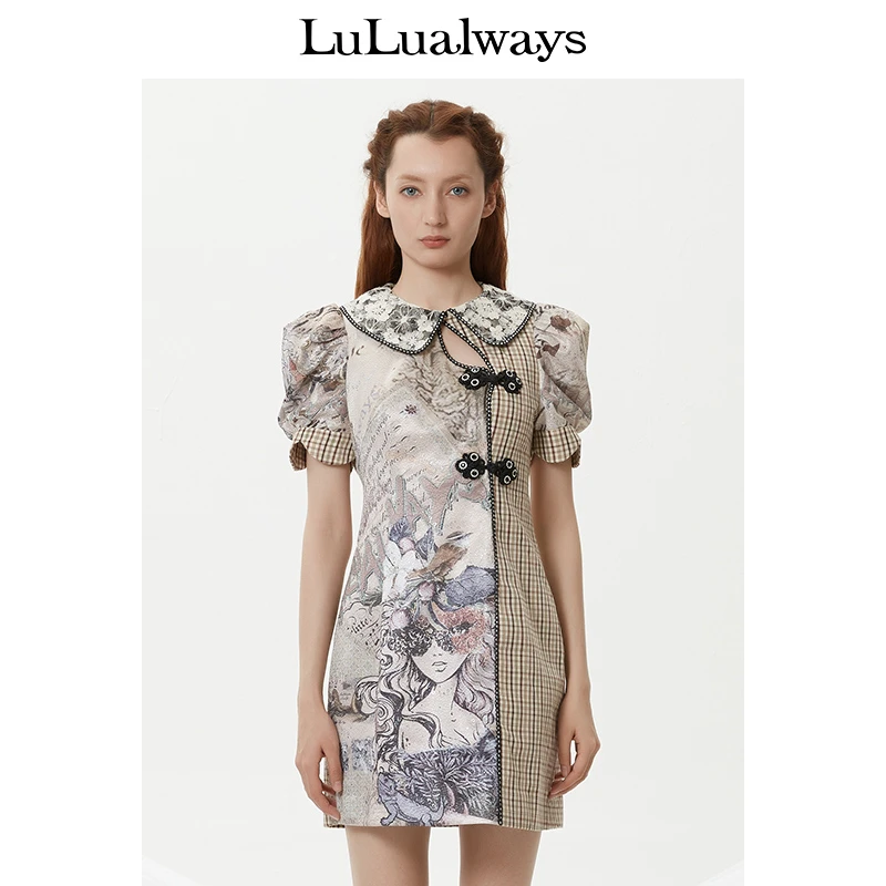 LULUALWAYS春季新款中式改良花色拼接连衣裙LNA5037