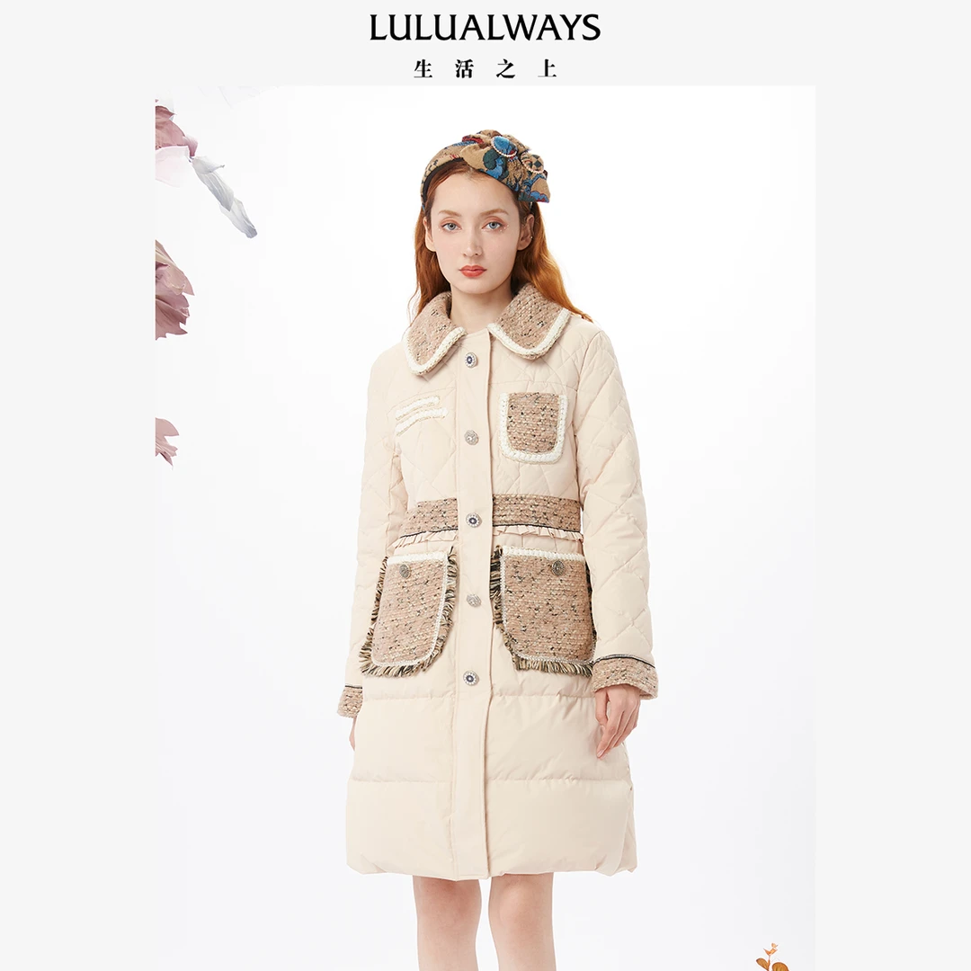 LULUALWAYS冬季新款温婉优雅简约A字小香风中长春风羽绒服LMD8016