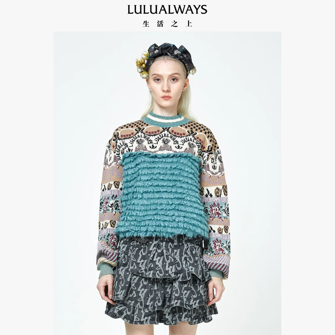LULUALWAYS 甜美淑女撞色宽松针织套头衫LND0022