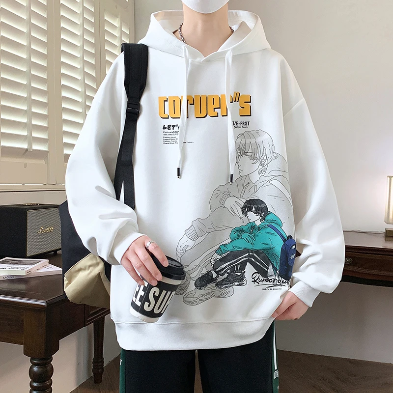 春秋季新款青少年学生潮流宽松男生连帽卫衣上衣男套头长袖打底衫