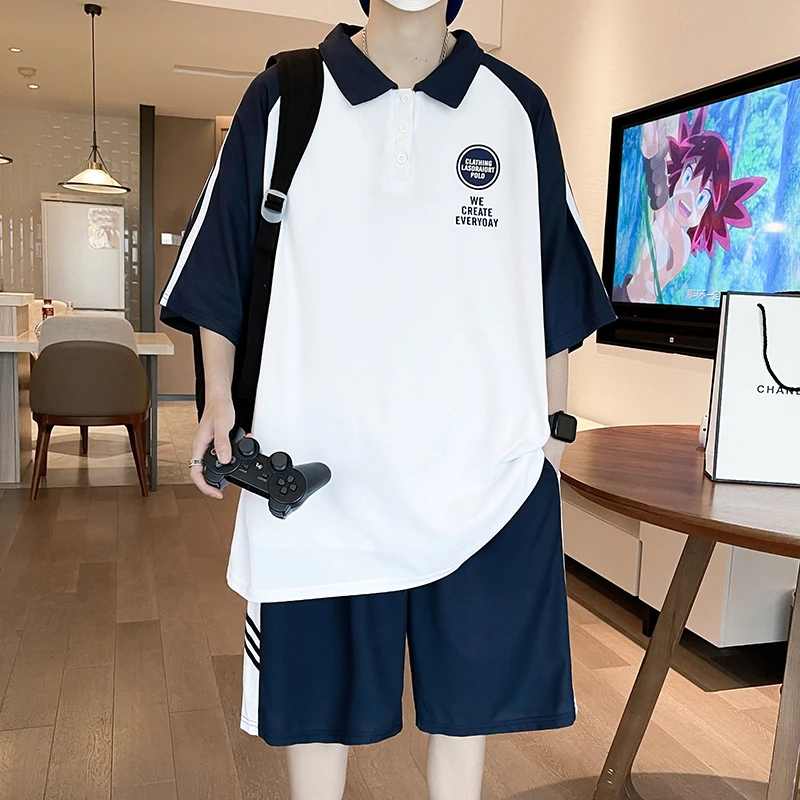 夏季新款青少年中学生13岁男孩运动薄款翻领半袖15大童短裤短袖16