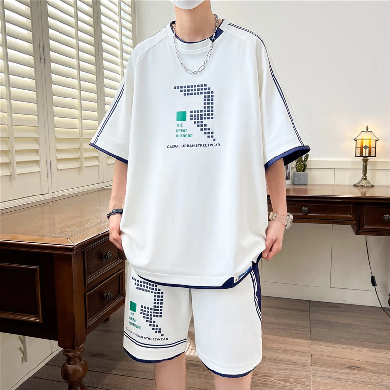 夏季新款青少年初中学生16休闲帅气大童上衣运动短裤圆领半袖18岁