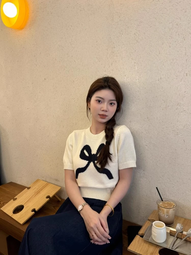甜美蝴蝶结短袖针织衫女显瘦温柔减龄短款圆领套头上衣夏季打底衫