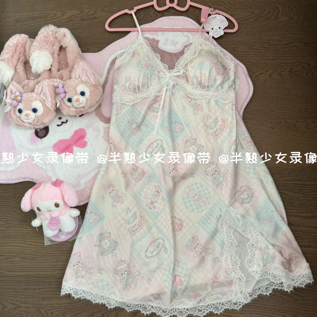 原创款「甜梦安眠曲」春夏小熊可爱印花拼布冰雪丝丝滑家居服睡裙