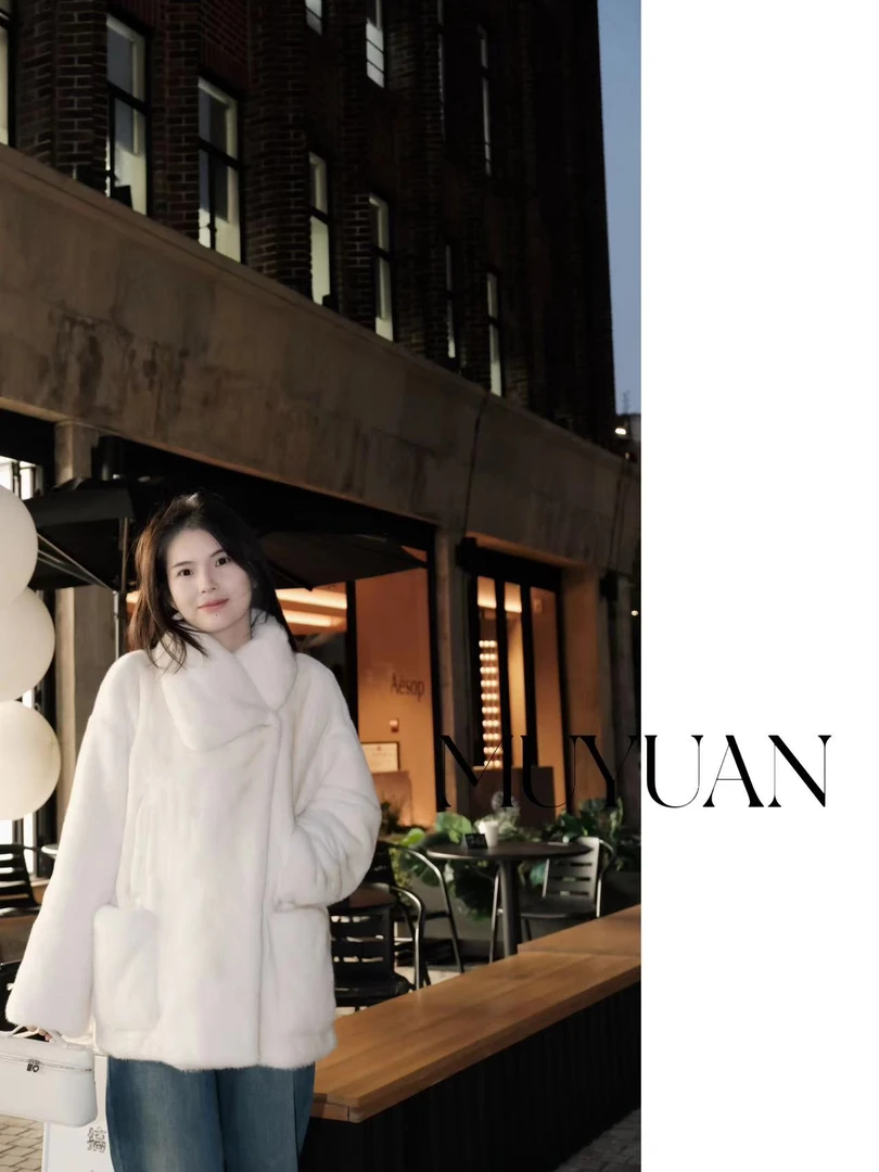 【沐媛】「绒绒暖阳」进口大翻领围巾可立可翻中长款水貂外套个性时尚