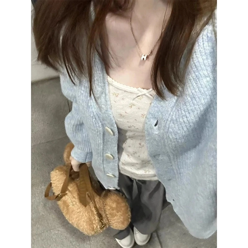 蓝色慵懒风针织开衫毛衣女外套春季韩系气质宽松V领小众百搭上衣