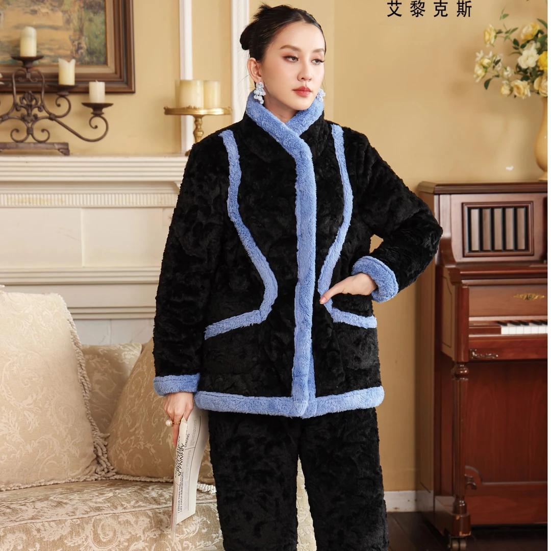 ALEX S.YU艾黎克斯原创品牌高领四层加厚夹棉家居服睡衣