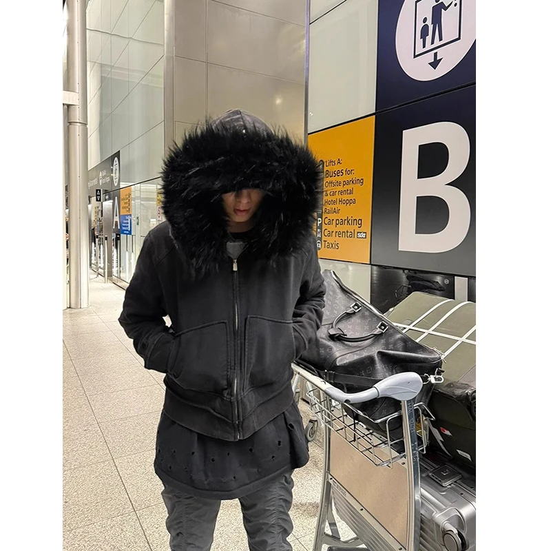 美式黑色毛领连帽卫衣男款秋冬高级感小众设计感修身短款开衫外套