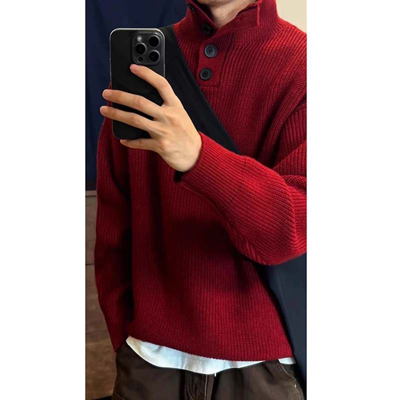 红色重磅高领毛衣男秋冬款慵懒高级感本命年加厚polo领针织打底衫