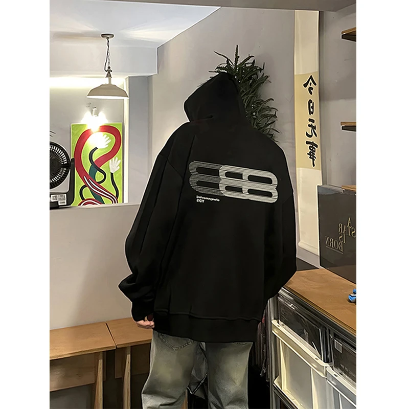 黑色vintage高街连帽卫衣男春秋季美式复古重磅硬挺情侣帽衫外套