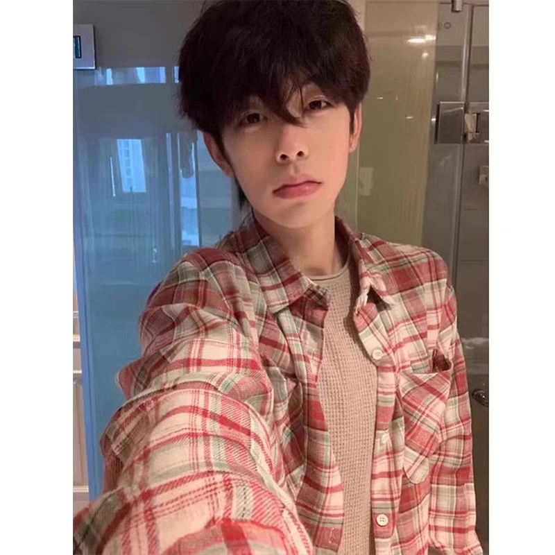 美式复古红色格子衬衫男长袖高级感男生少年感穿搭春秋季衬衣外套