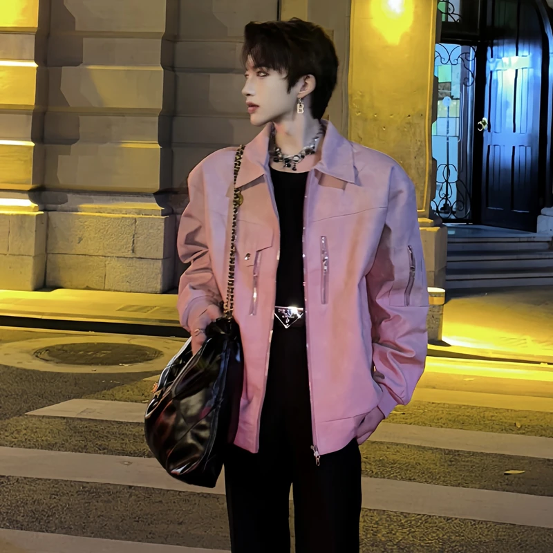 粉色男生皮衣短款外套高级感痞帅哈灵顿飞行员夹克美式复古机车服