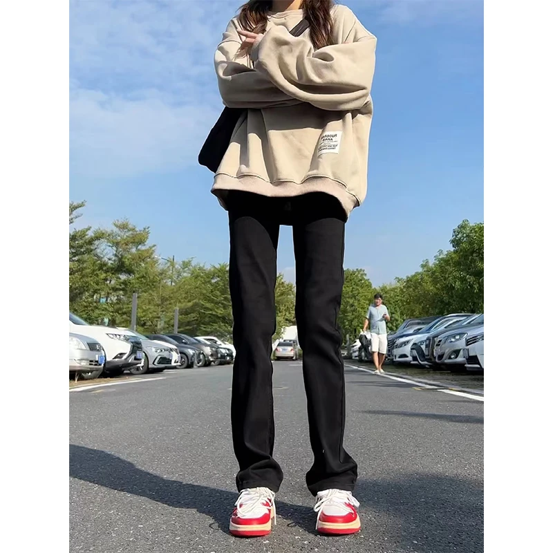 美式vibe风裤子男款高街潮牌弹力纯黑色牛仔裤修身窄版直筒微喇裤