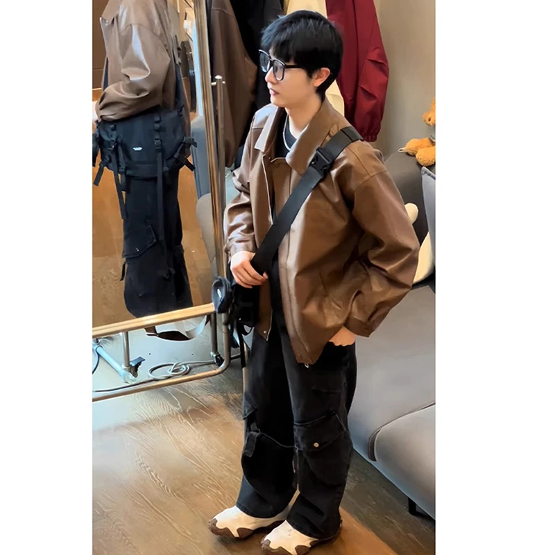 美拉德棕咖色皮衣外套男款春秋季美式复古休闲夹克潮牌痞帅机车服