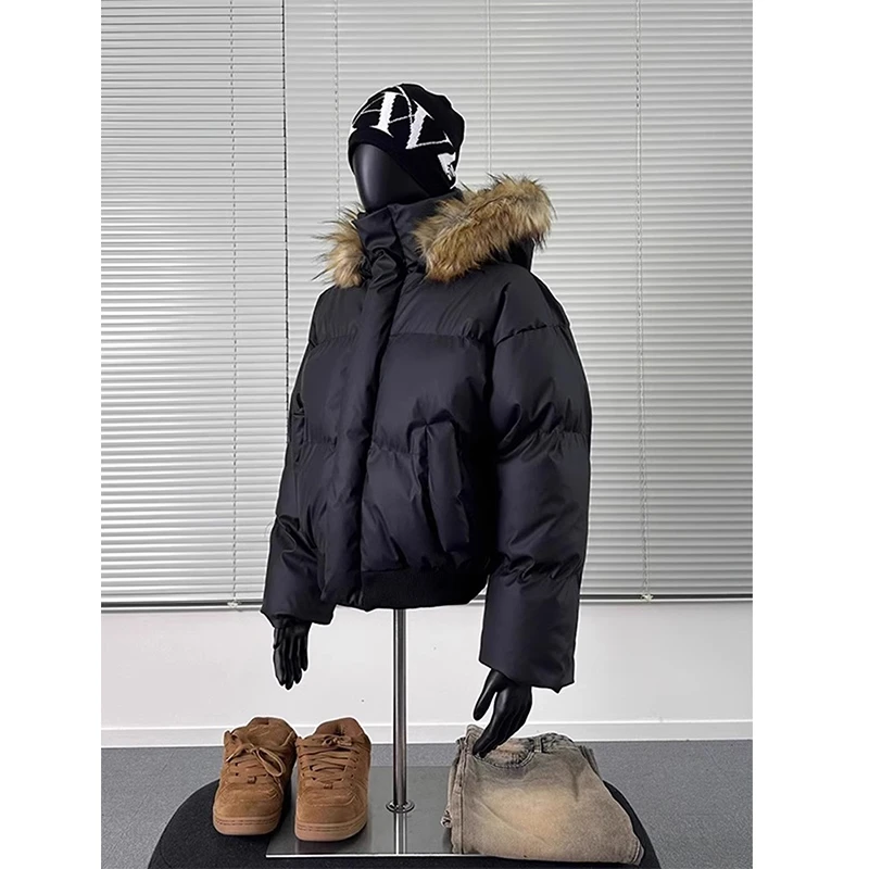 可拆卸帽子毛领PU皮面棉服男冬季美式cleanfit短款面包服棉衣外套