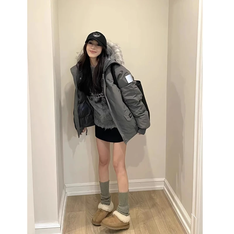 美式复古连帽毛领棉服男冬季加厚高级感情侣装棉衣工装派克服外套