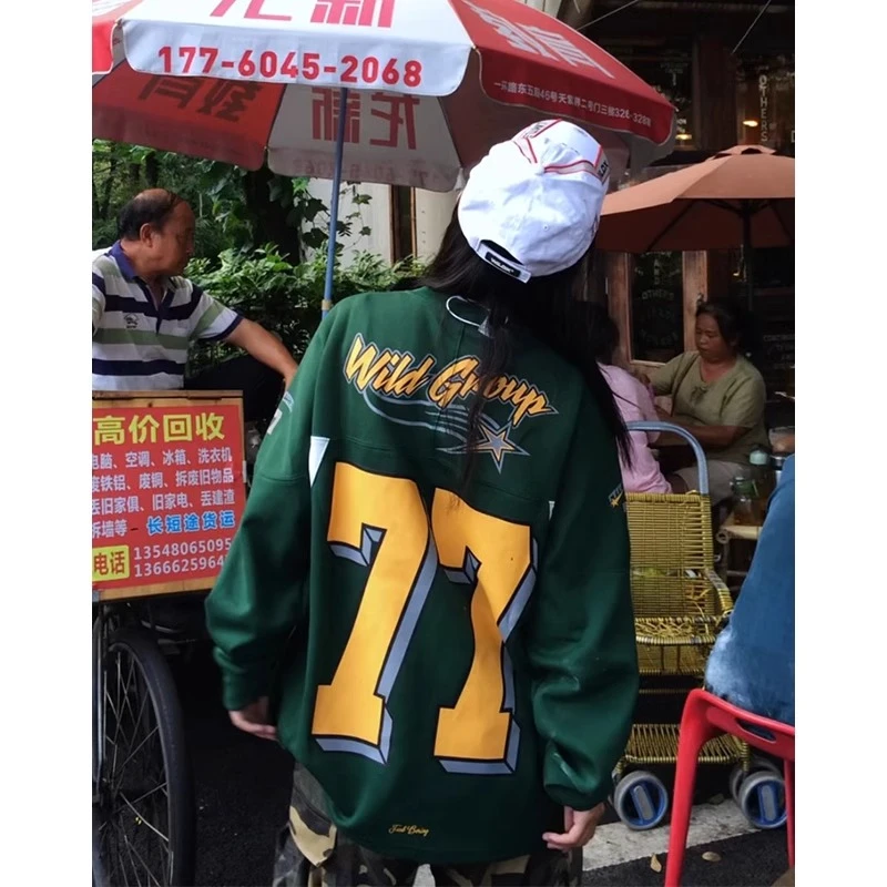 vintage美式复古77号卫衣男春秋圆领球衣风t恤长袖情侣橄榄冰球服