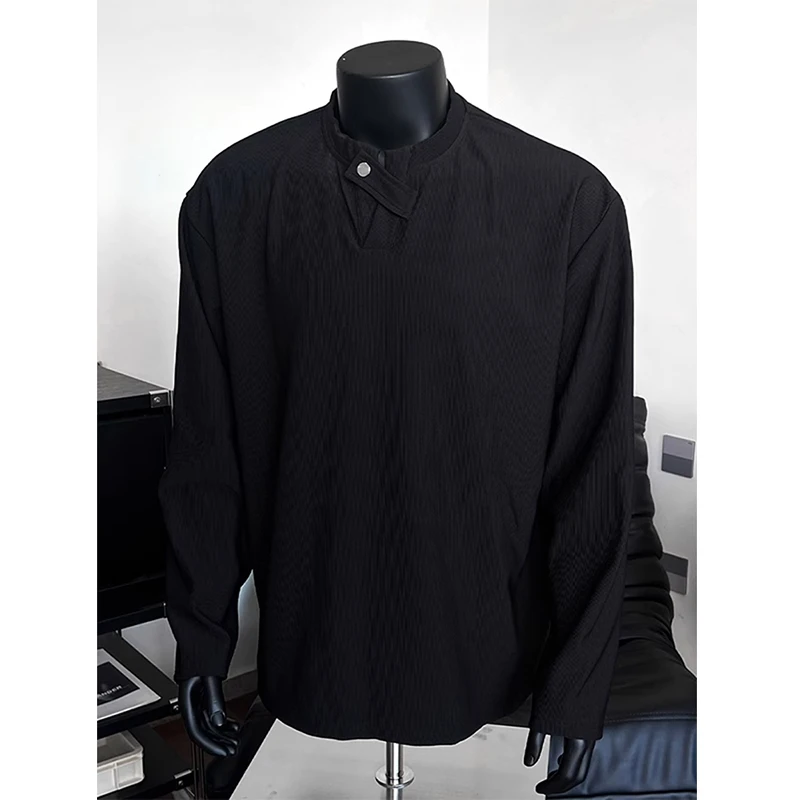 黑色V领T恤男长袖高级感竖条纹秋冬亨利领打底衫cleanfitPOLO卫衣