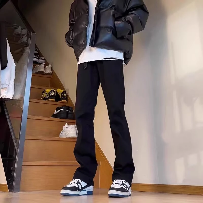 美式vibe风裤子男款高街潮牌弹力黑色牛仔裤秋冬季加绒修身直筒裤