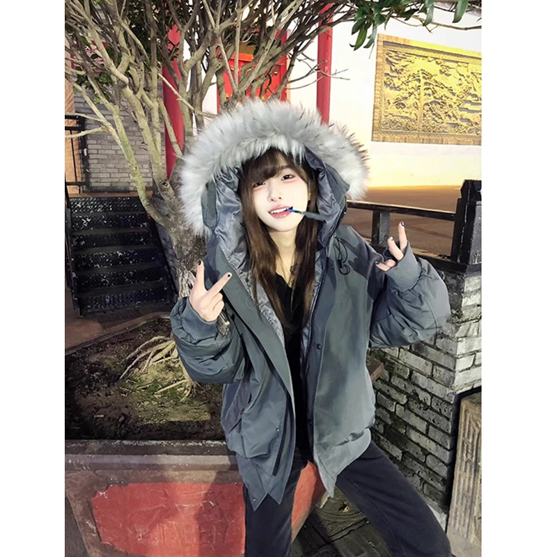 深灰色毛领连帽棉服男款冬季美式潮牌高级感棉衣重工加厚派克外套