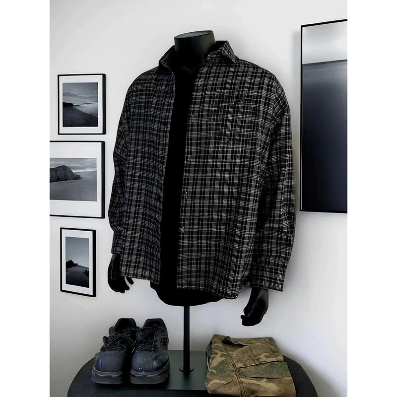 vintage美式格子衬衫男款秋冬季高级感黑色格纹衬衣长袖休闲外套